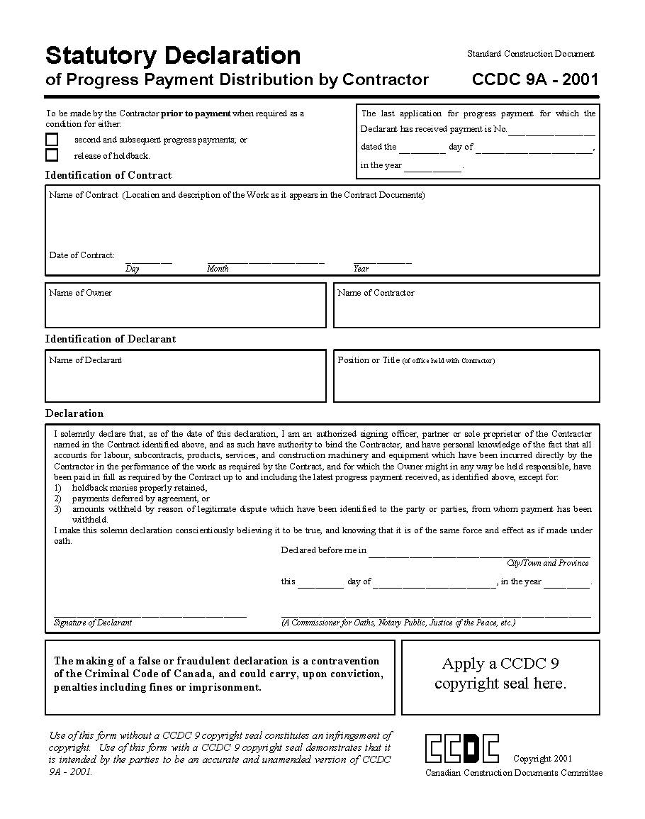 ccdc 9a 2001 statutory declaration of progress payment